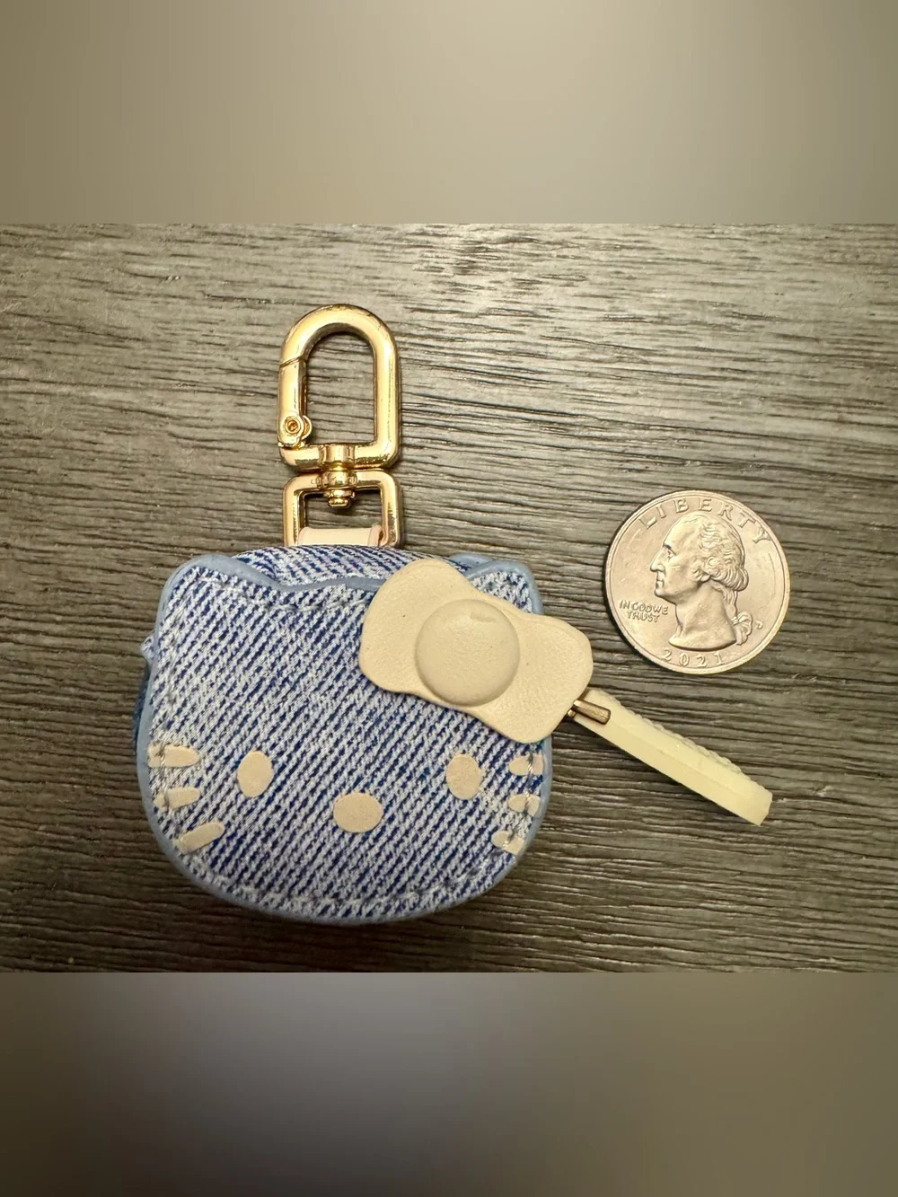 Hello Kitty Denim Blue Mini Keychain Pouch with Cream Bow